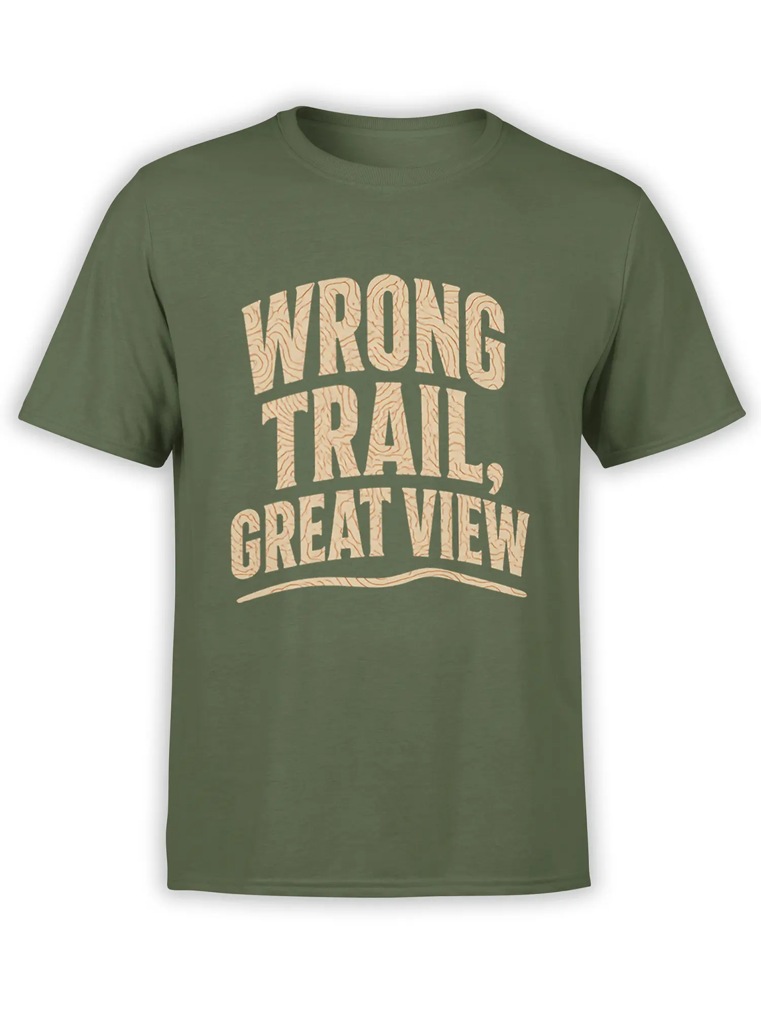 Olive green hiking T-shirt with cream “Wrong Trail Great View” vintage lettering