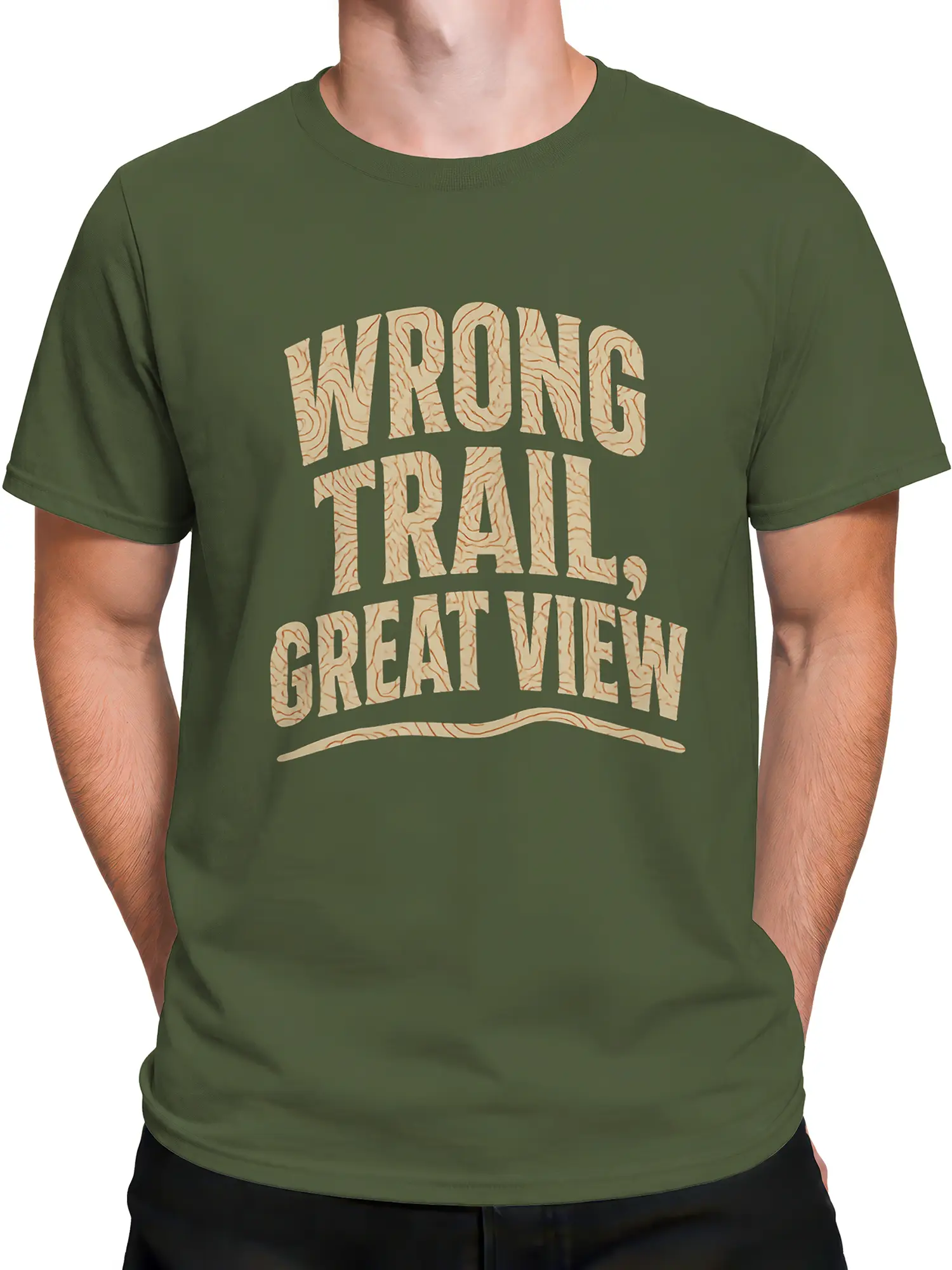 Male torso wearing an olive green Wrong Trail Great View hiking T-shirt