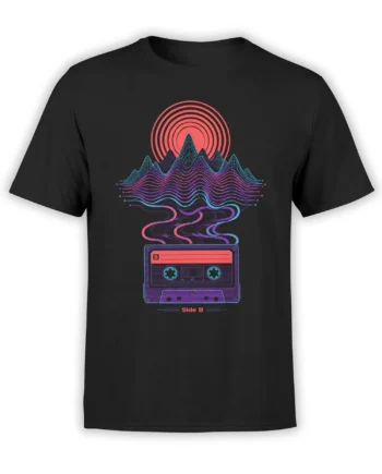 Black music t-shirt with neon cassette tape, layered mountains, glowing sunset, and Side B artwork
