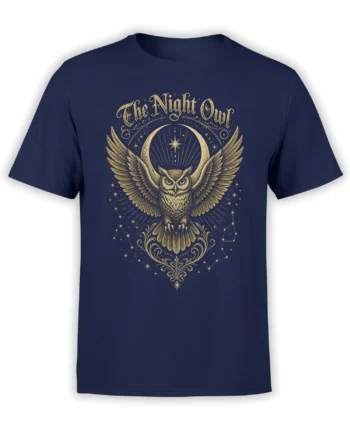 Front view of a navy T-shirt with a gold winged owl, crescent moon, stars, and “The Night Owl” design