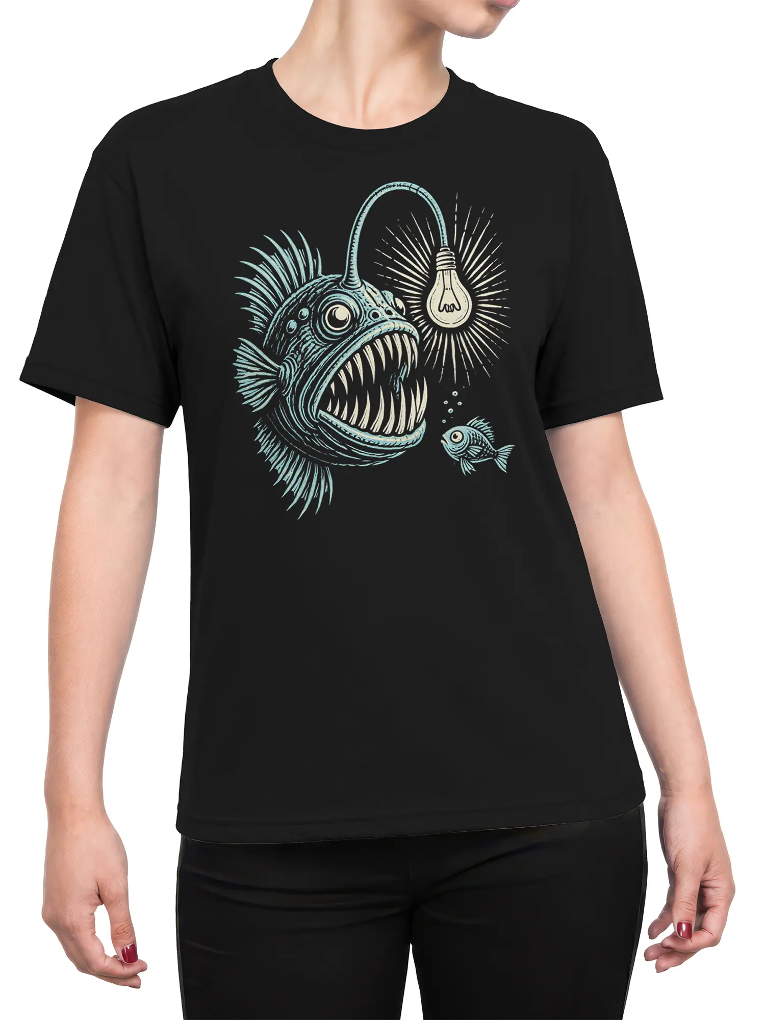 Female torso wearing a black anglerfish T-shirt with a glowing lure, sharp teeth, and vintage ocean artwork