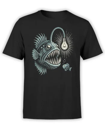 Black T-shirt with a vintage anglerfish graphic, glowing bulb lure, sharp teeth, and a small fish