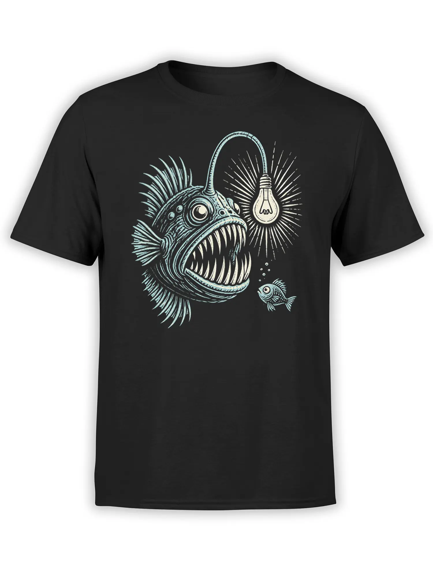 Black T-shirt with a vintage anglerfish graphic, glowing bulb lure, sharp teeth, and a small fish