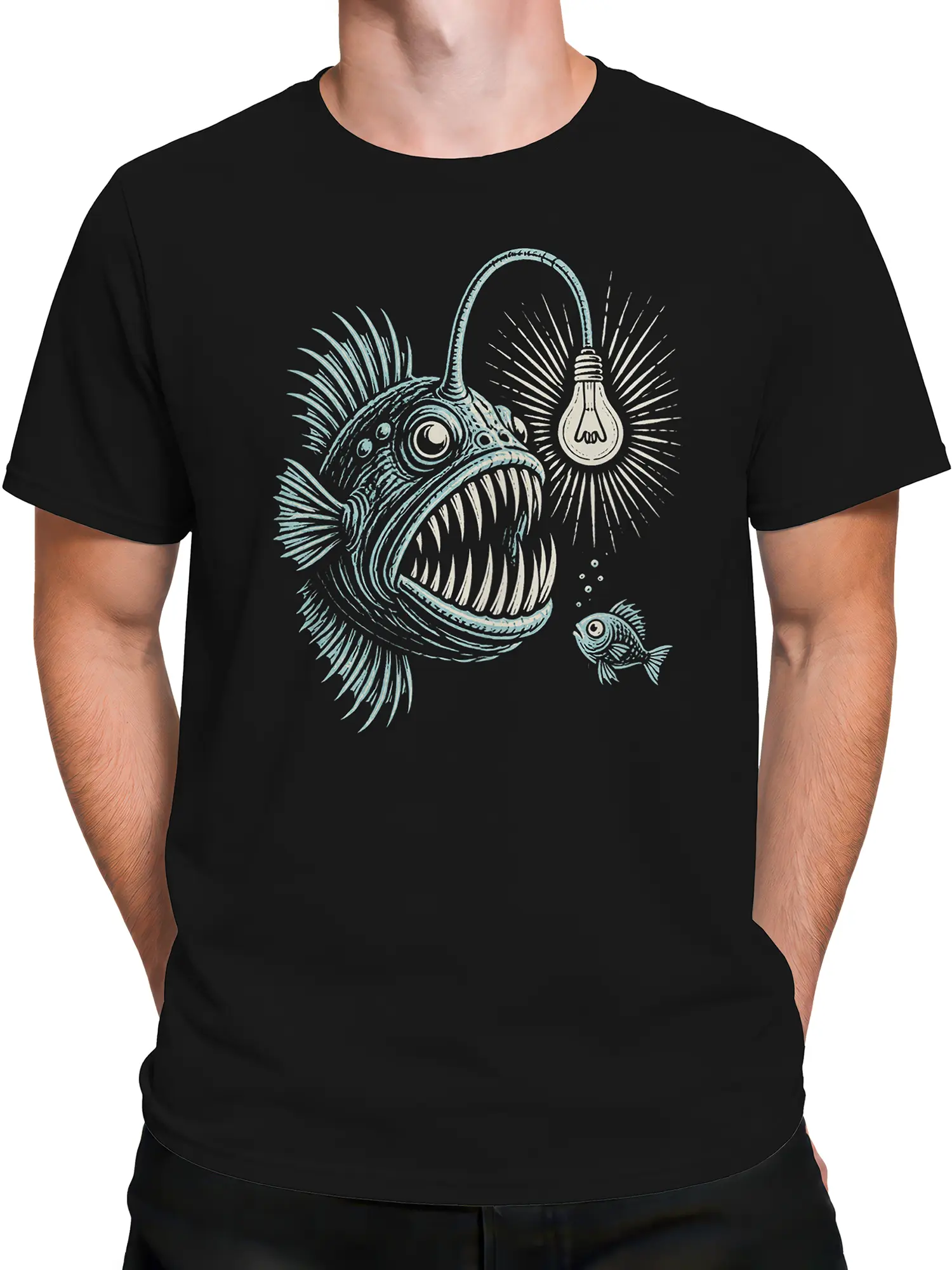 Male torso wearing a black anglerfish T-shirt with a glowing bulb lure and dramatic toothy fish artwork