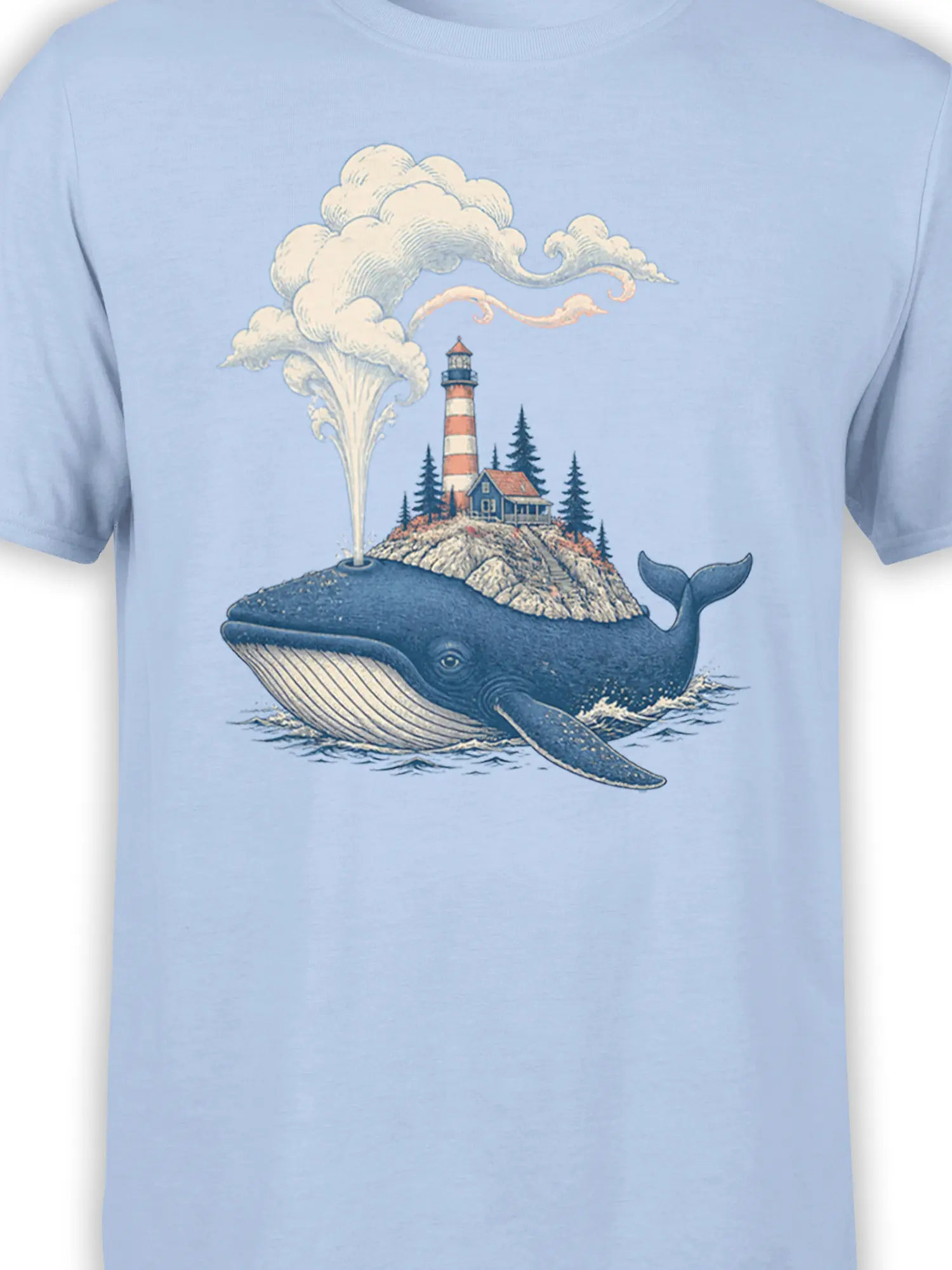 Close-up of vintage whale and lighthouse artwork on a light blue T-shirt