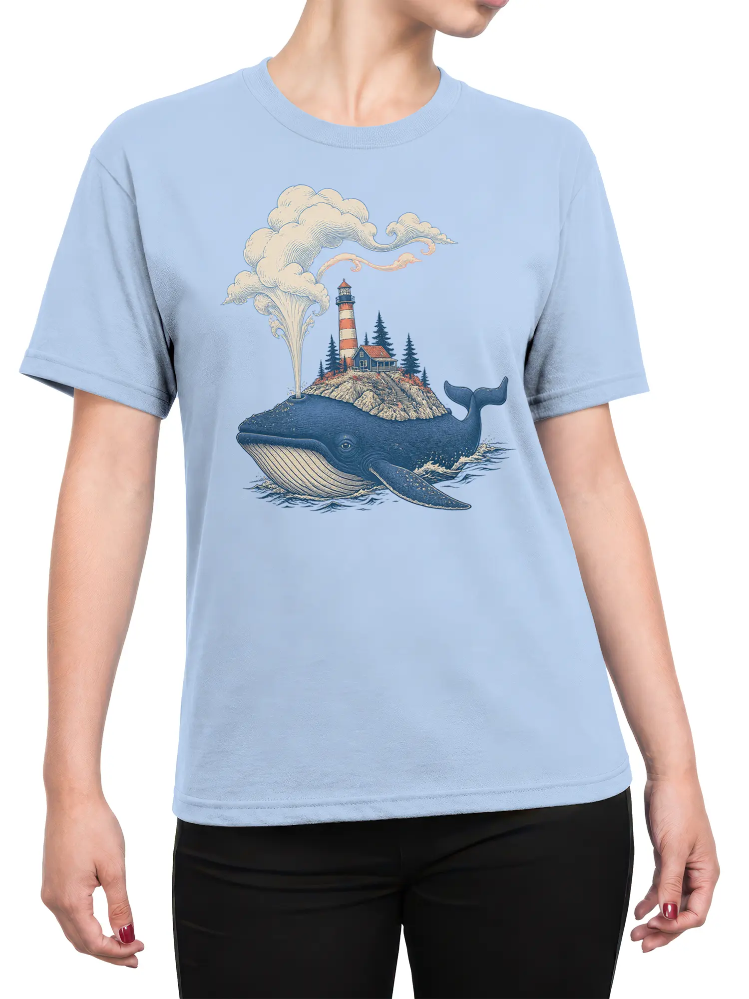 Female torso wearing a light blue whale and lighthouse coastal graphic T-shirt