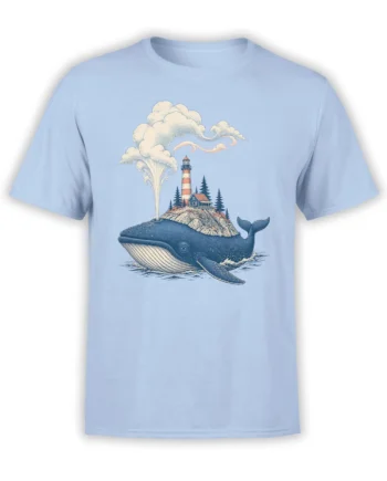 Light blue T-shirt with a vintage whale, lighthouse, rocky island, and coastal illustration