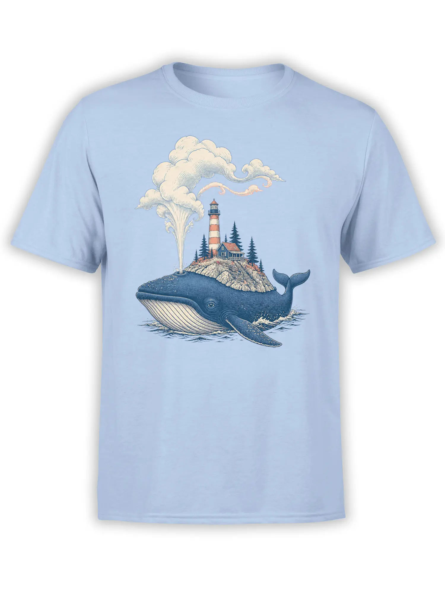 Light blue T-shirt with a vintage whale, lighthouse, rocky island, and coastal illustration