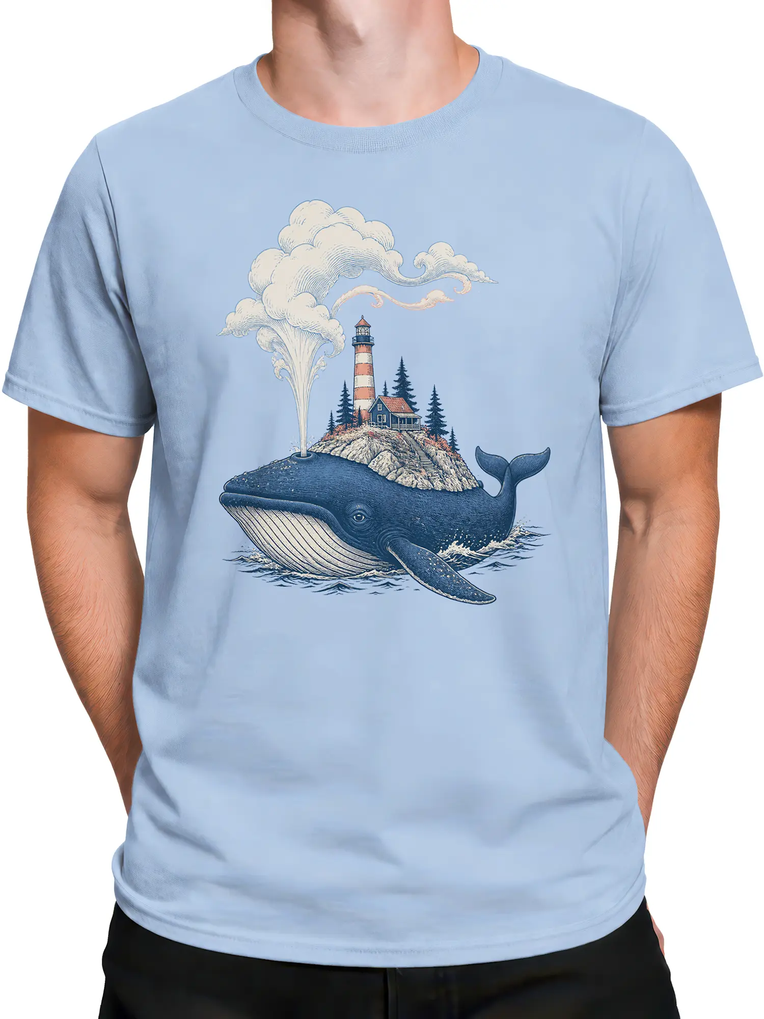 Male torso wearing a light blue vintage whale lighthouse graphic T-shirt