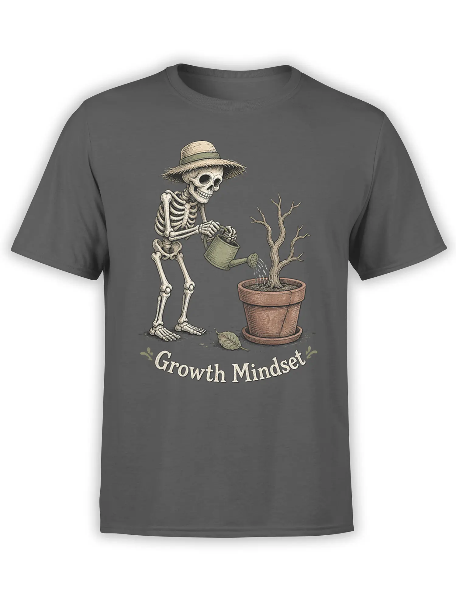 Gray T-shirt with a skeleton gardener in a straw hat watering a potted tree and “Growth Mindset” text