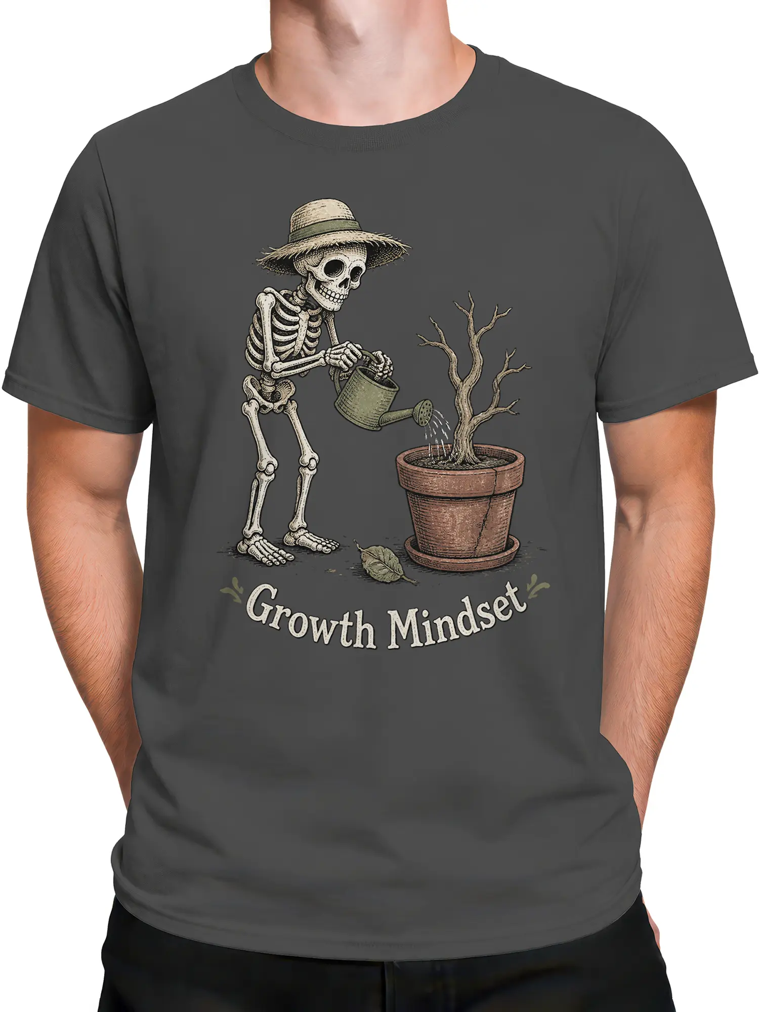Male torso wearing a gray skeleton gardener T-shirt with Growth Mindset artwork