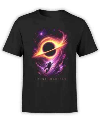 Black T-shirt with a glowing black hole, falling astronaut, stars, and EVENT HORIZON text