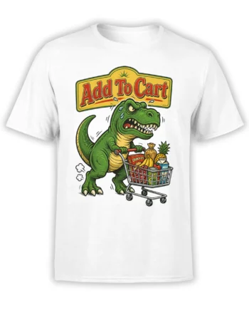 White T-shirt with a green dinosaur pushing a grocery cart beneath an Add To Cart sign