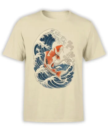 Beige T-shirt with a koi fish swimming through blue waves beneath a snow-capped mountain