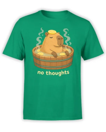 Green T-shirt featuring a calm capybara in a lemon bath with the words “no thoughts”