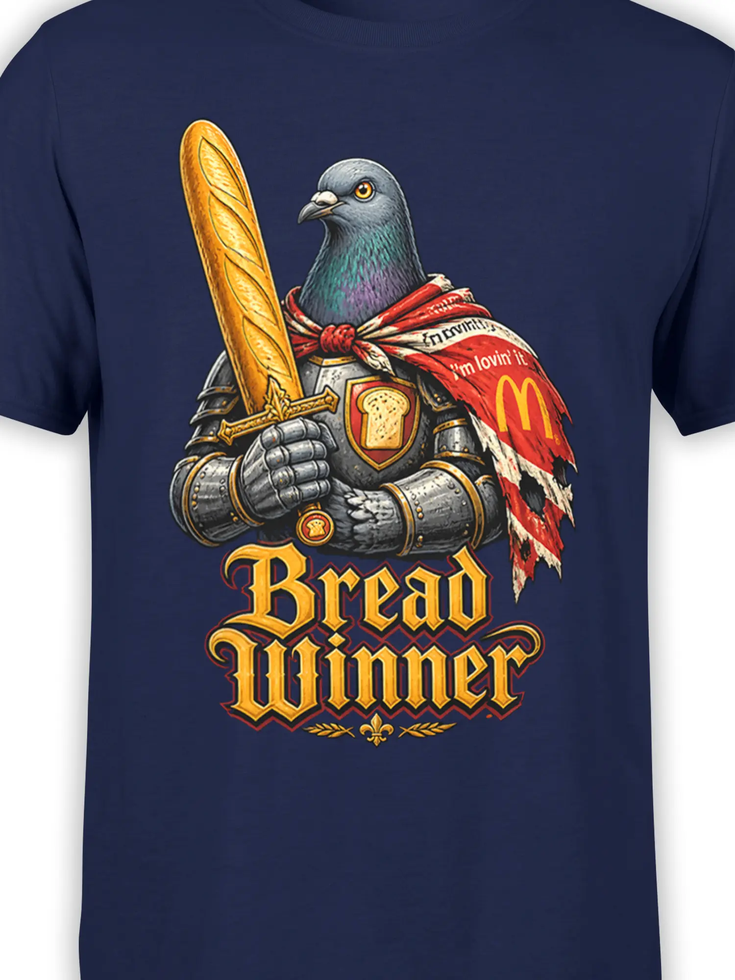 Close-up of armored pigeon artwork, bread sword, red cape, and gold Bread Winner lettering on navy fabric