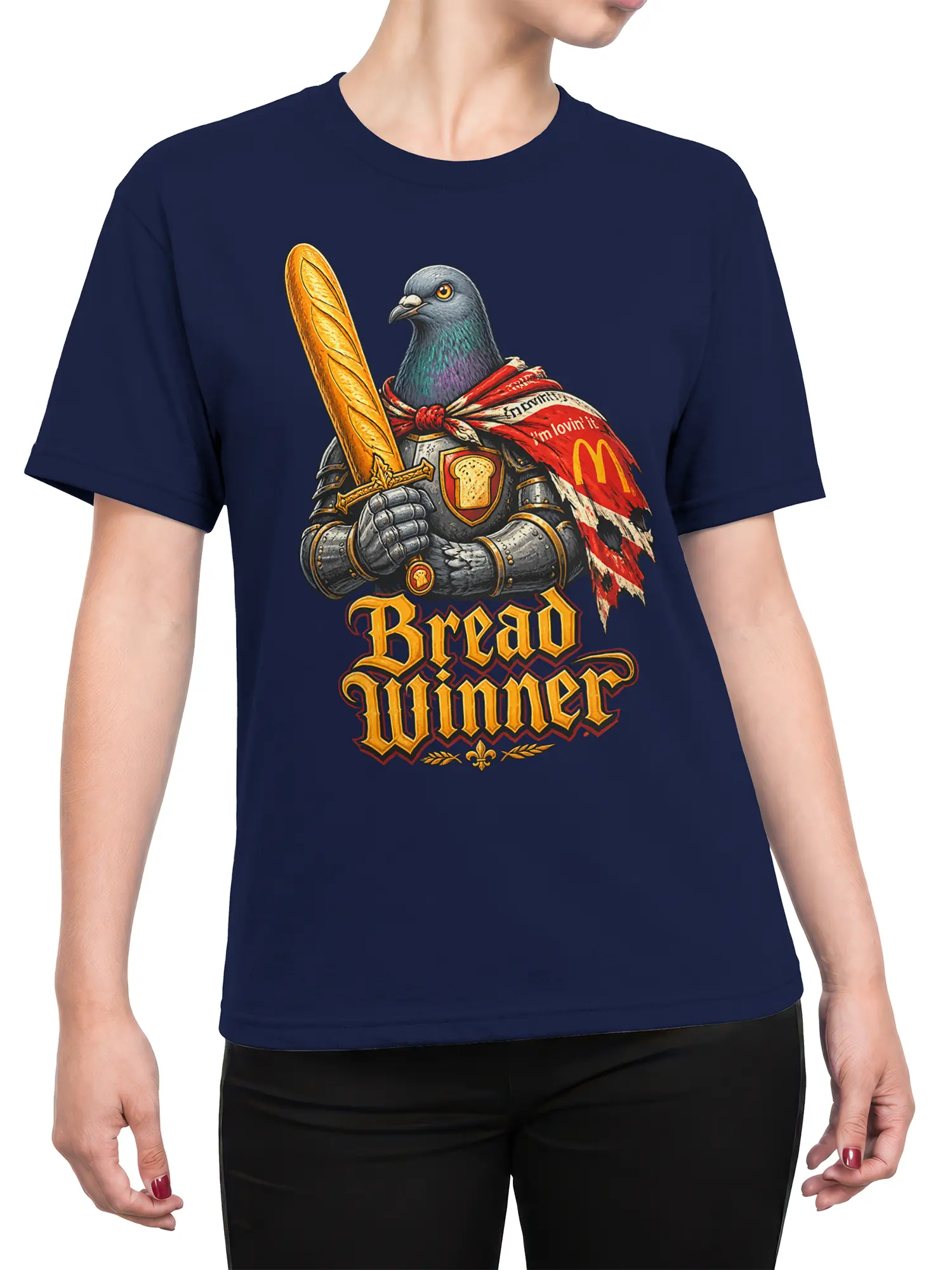 Female torso wearing a navy T-shirt with an armored pigeon and Bread Winner graphic