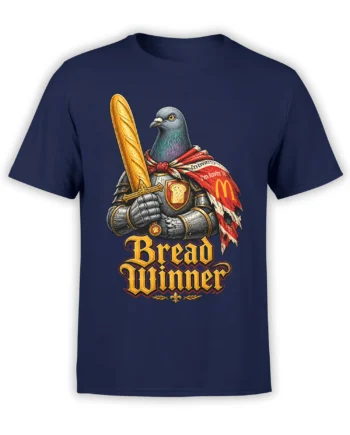 Armored pigeon holding a golden bread sword on a navy Bread Winner graphic T-shirt