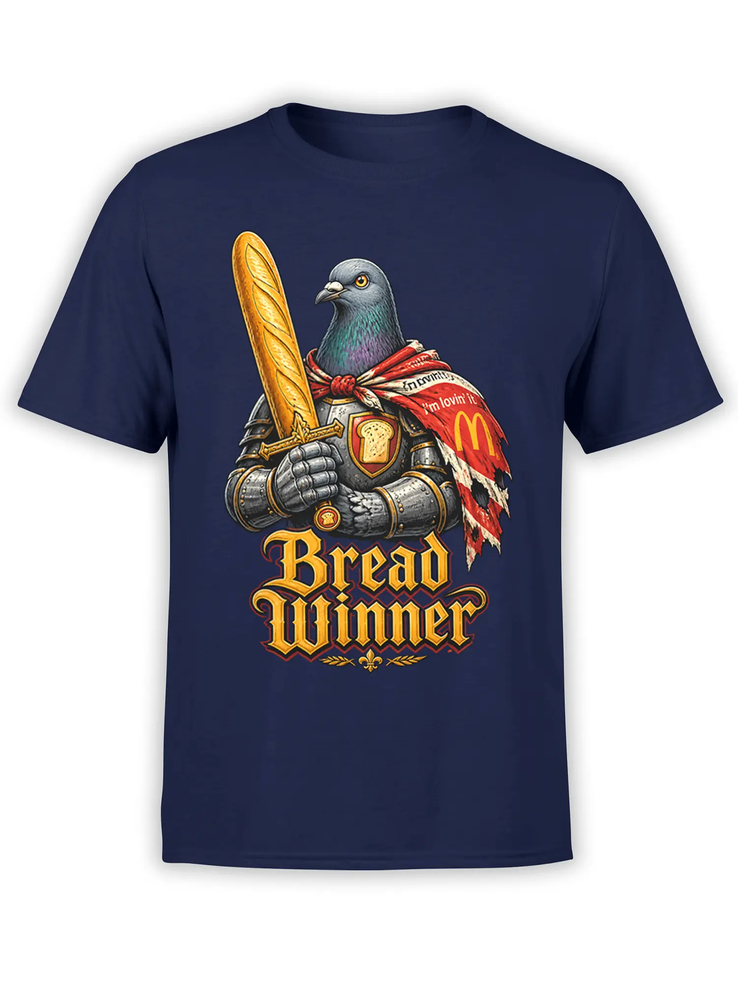 Armored pigeon holding a golden bread sword on a navy Bread Winner graphic T-shirt
