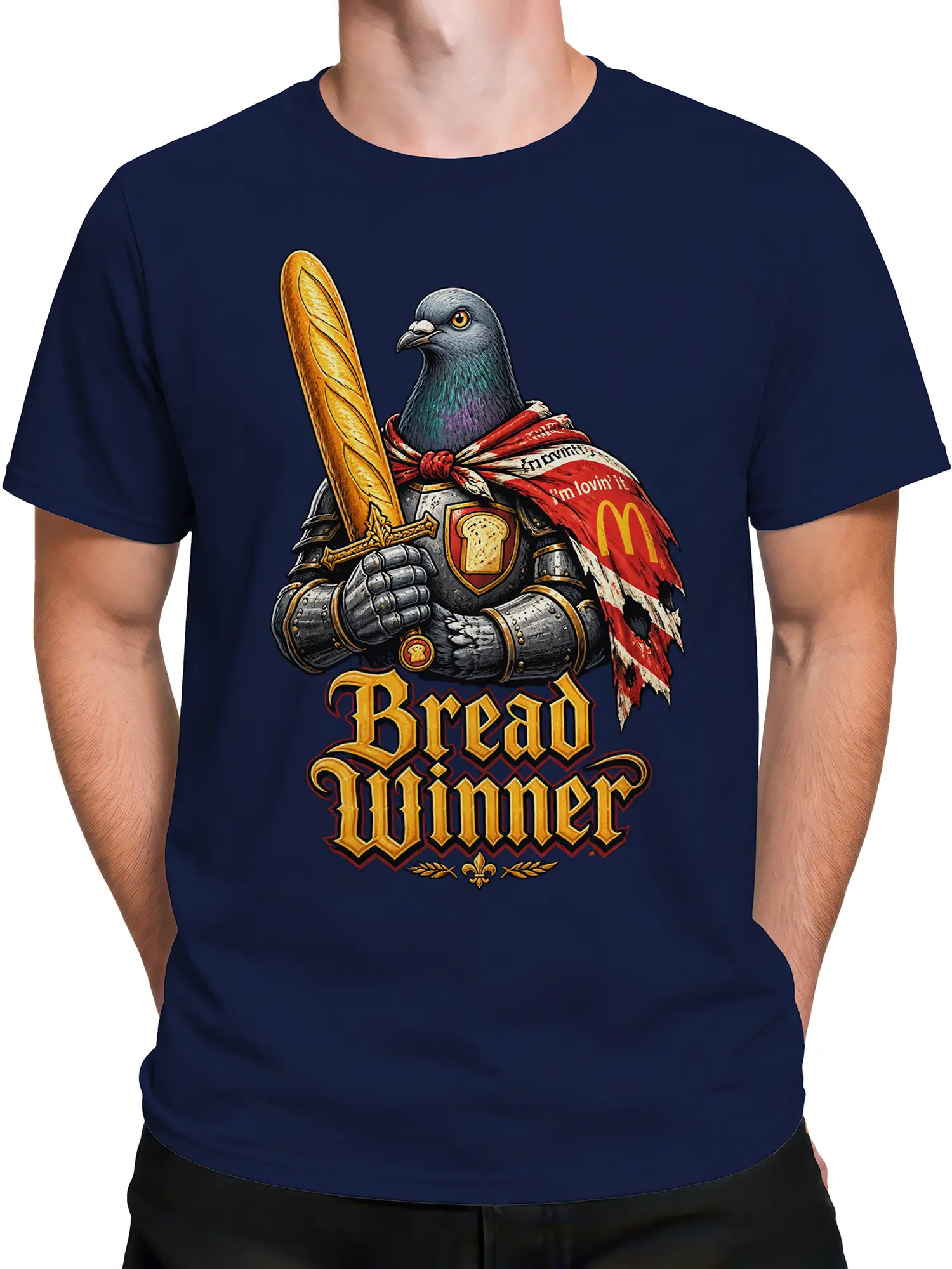 Male torso wearing a navy armored pigeon Bread Winner graphic T-shirt