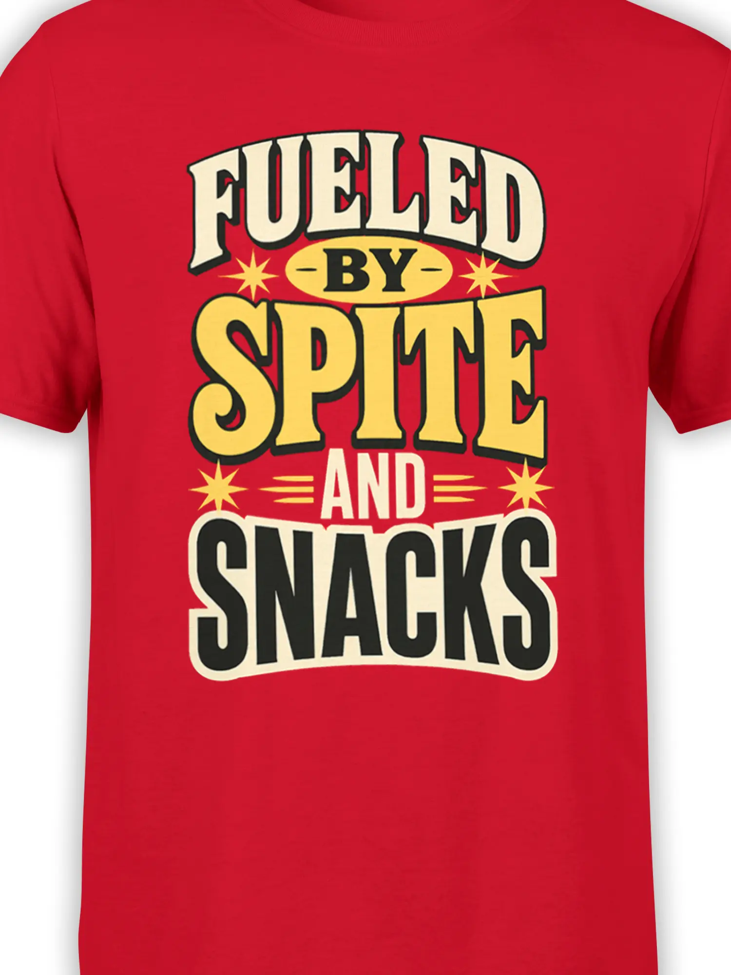 Close-up of red snack humor T-shirt design with vintage “Fueled by Spite and Snacks” lettering and star details