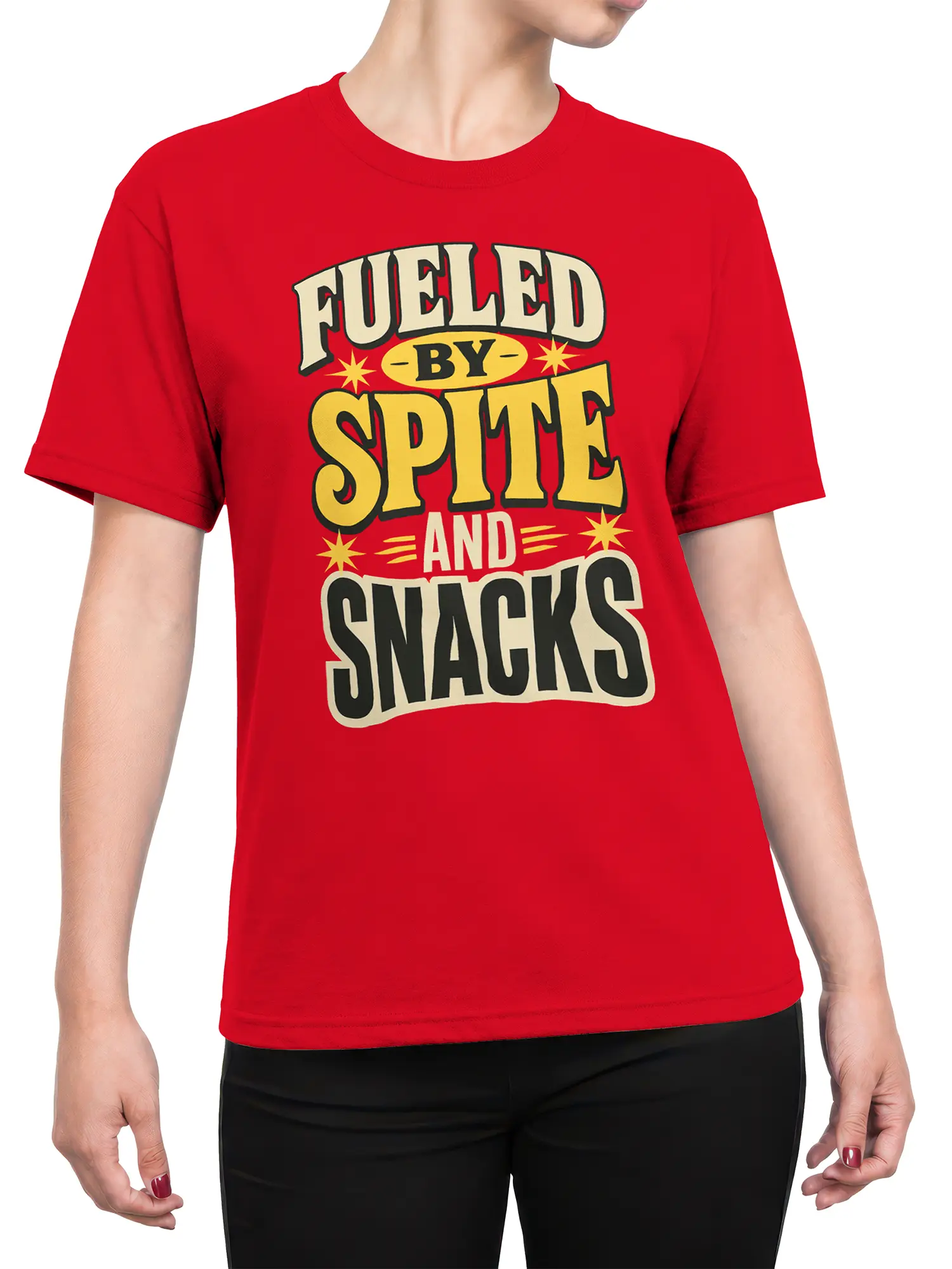 Female torso wearing a red graphic tee with bold vintage spite and snacks lettering across the front