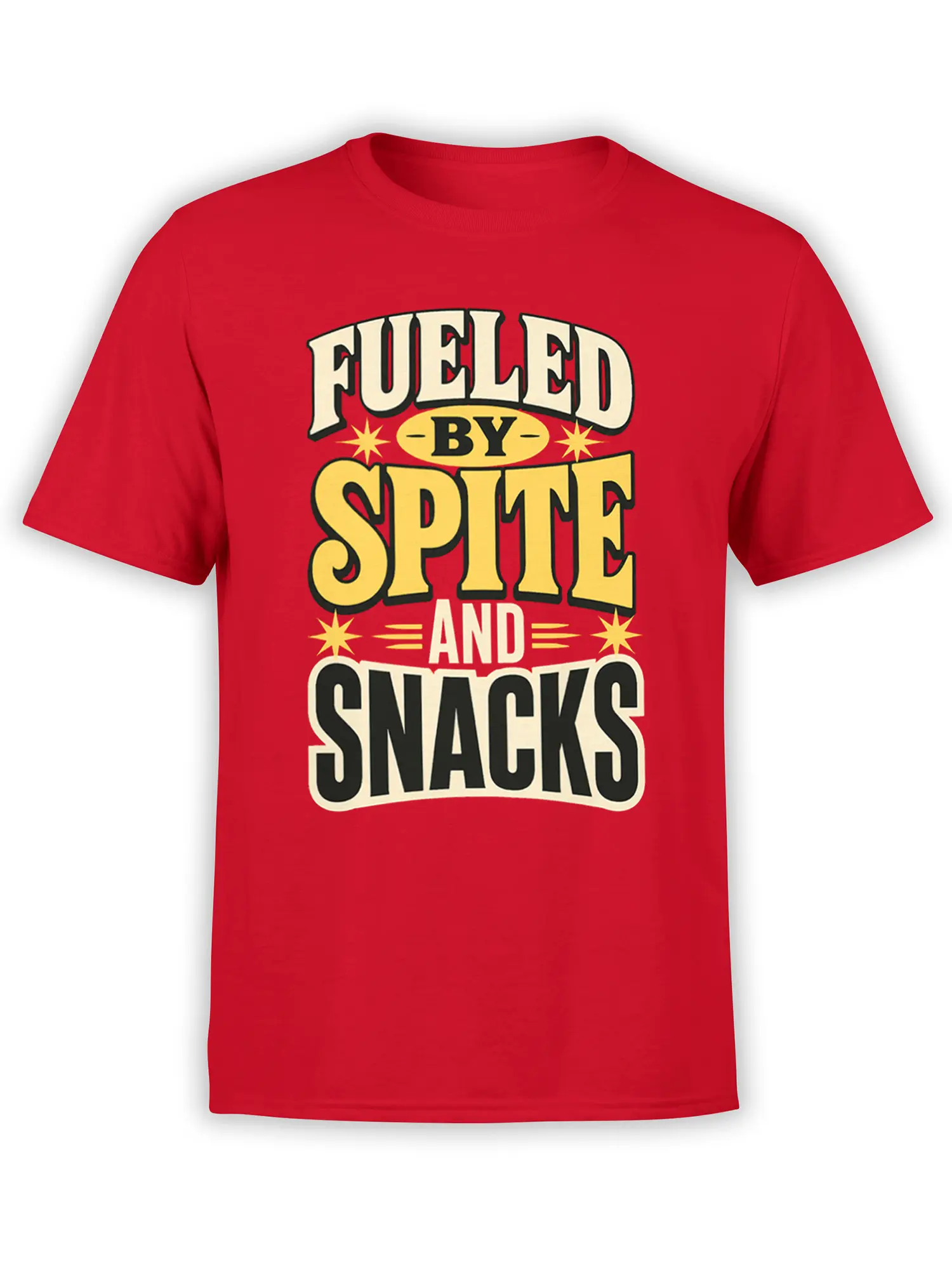 Red funny food graphic tee with bold “Fueled by Spite and Snacks” lettering and vintage starburst accents