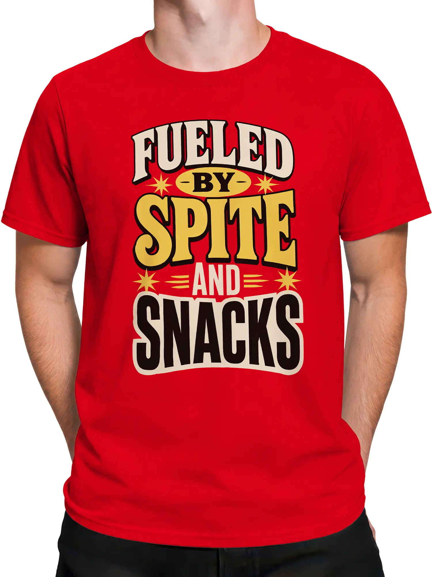 Male torso wearing a red funny food T-shirt with “Fueled by Spite and Snacks” graphic lettering