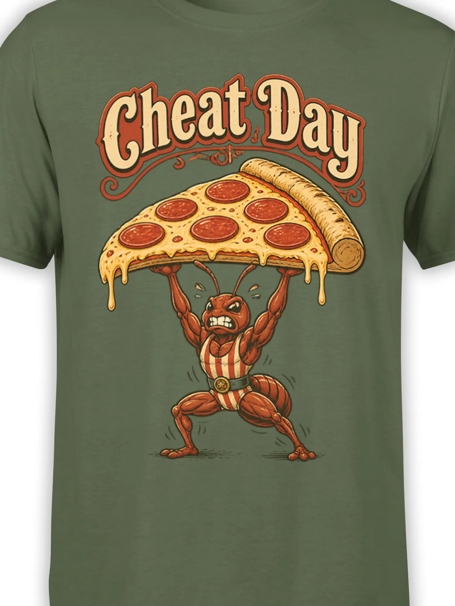 Close-up of the muscular ant, melting pizza, pepperoni, and vintage Cheat Day artwork on a green T-shirt