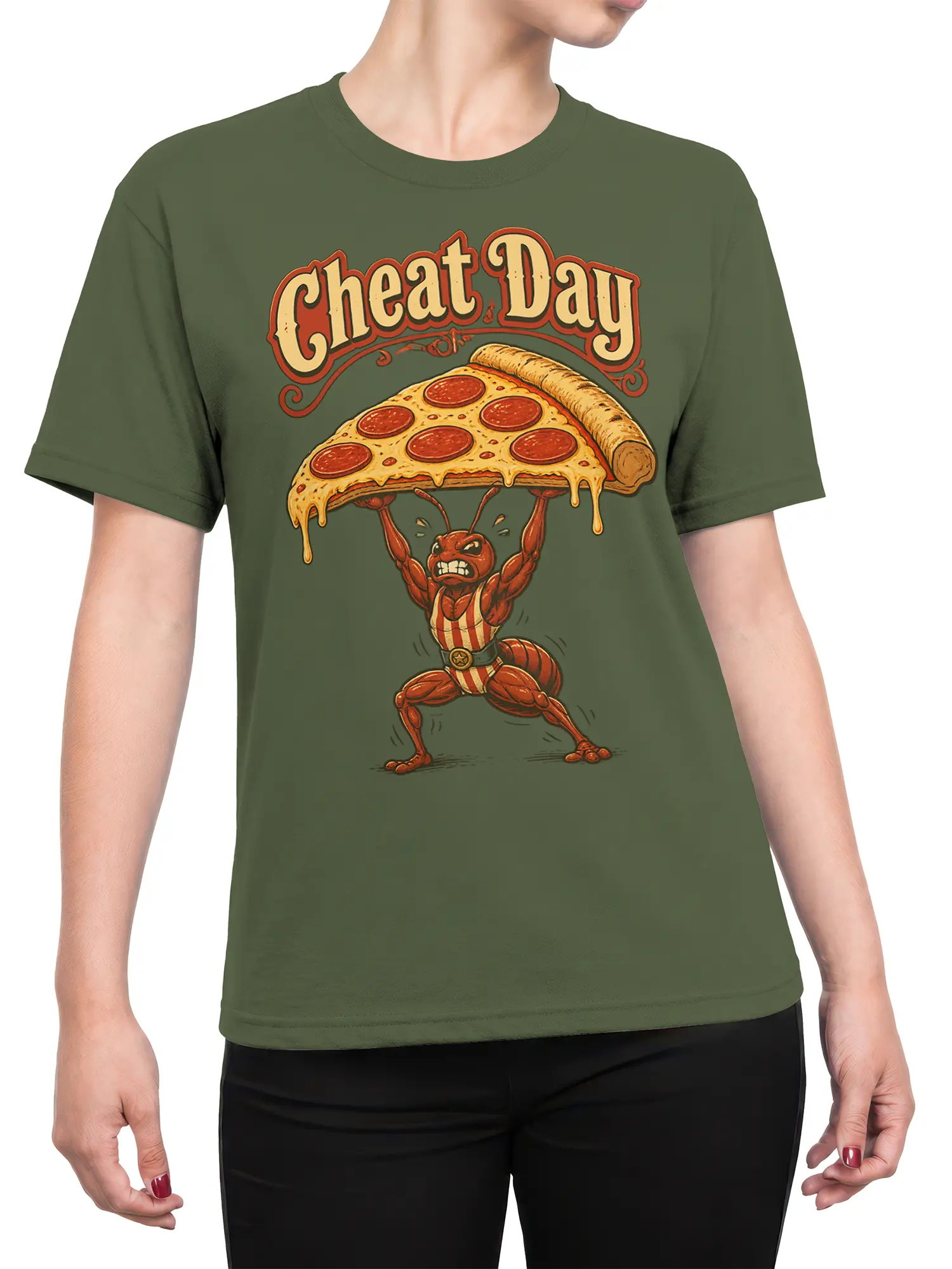 Female torso wearing a green T-shirt with a muscular ant carrying a dripping pepperoni pizza graphic