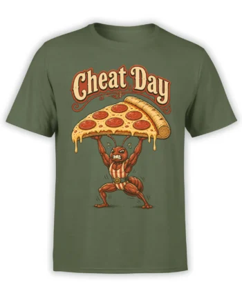 Green T-shirt with muscular red ant lifting a dripping pepperoni pizza beneath bold Cheat Day lettering