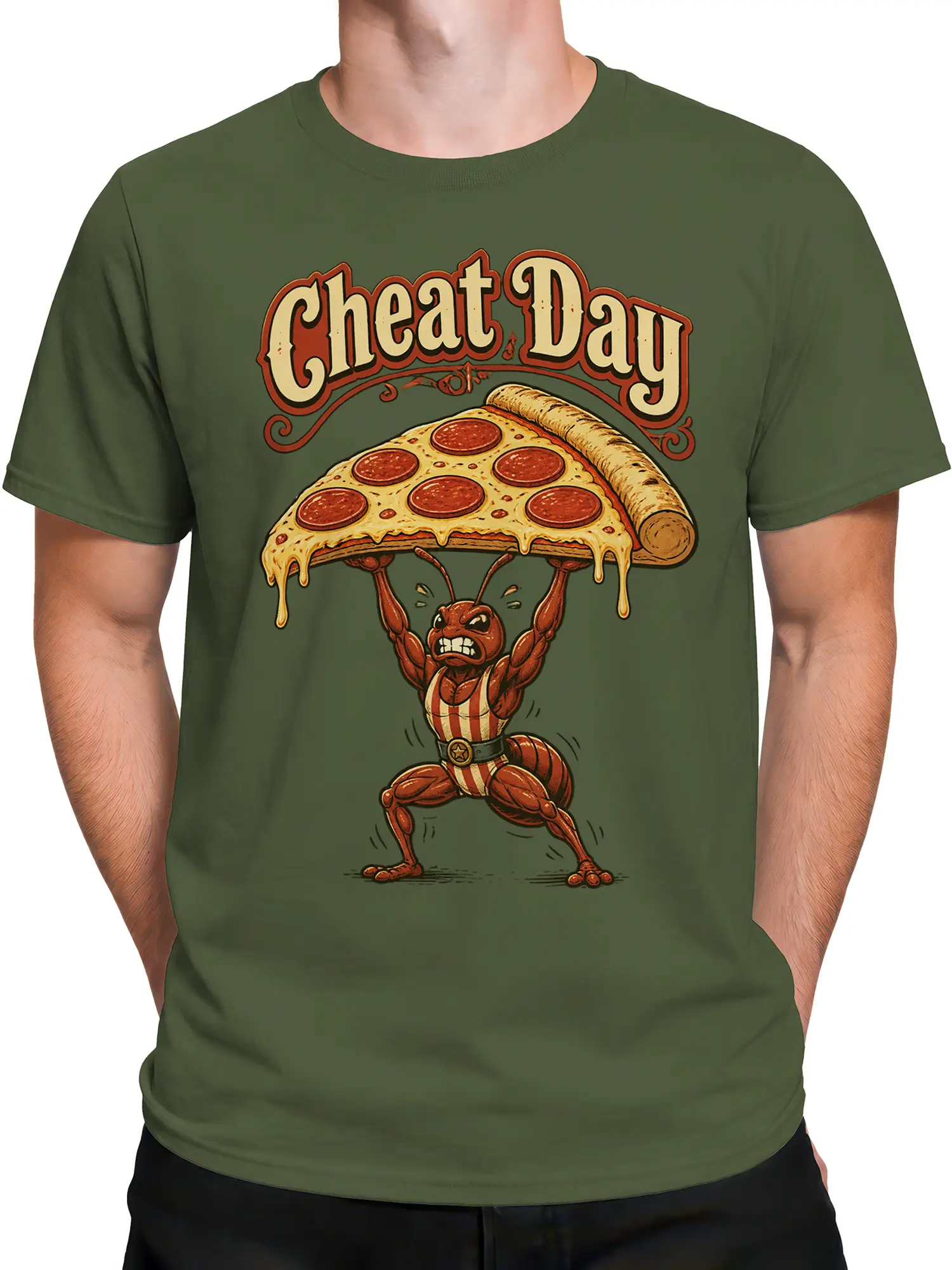 Male torso wearing a green T-shirt with a muscular ant lifting a large pepperoni pizza