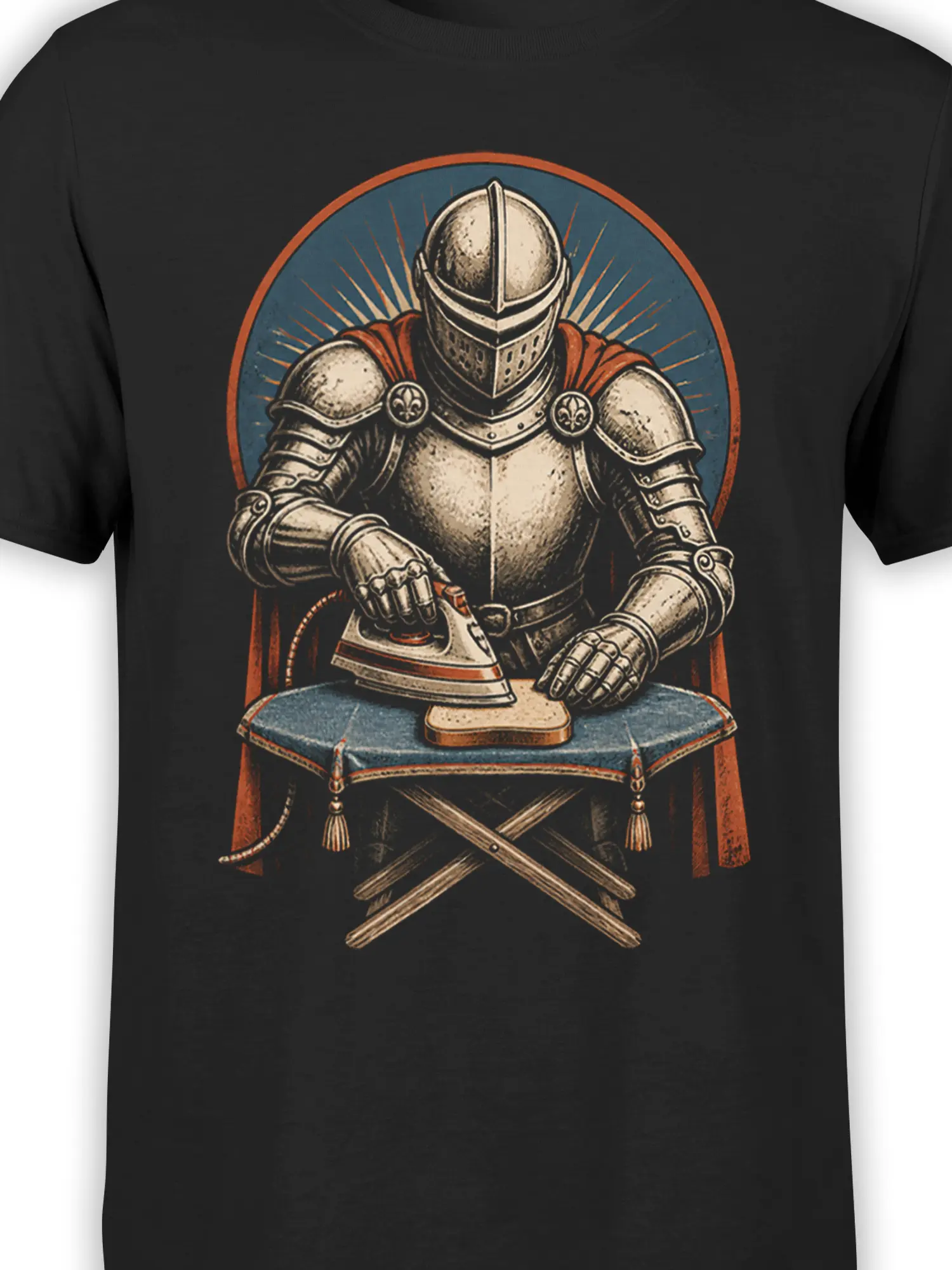 Vintage armored knight ironing design with red, blue, cream, and bronze details on black fabric