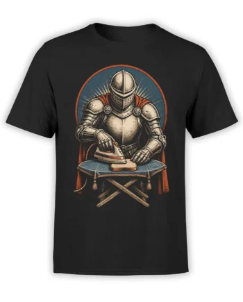 Armored medieval knight ironing on a blue-covered board printed on a black T-shirt