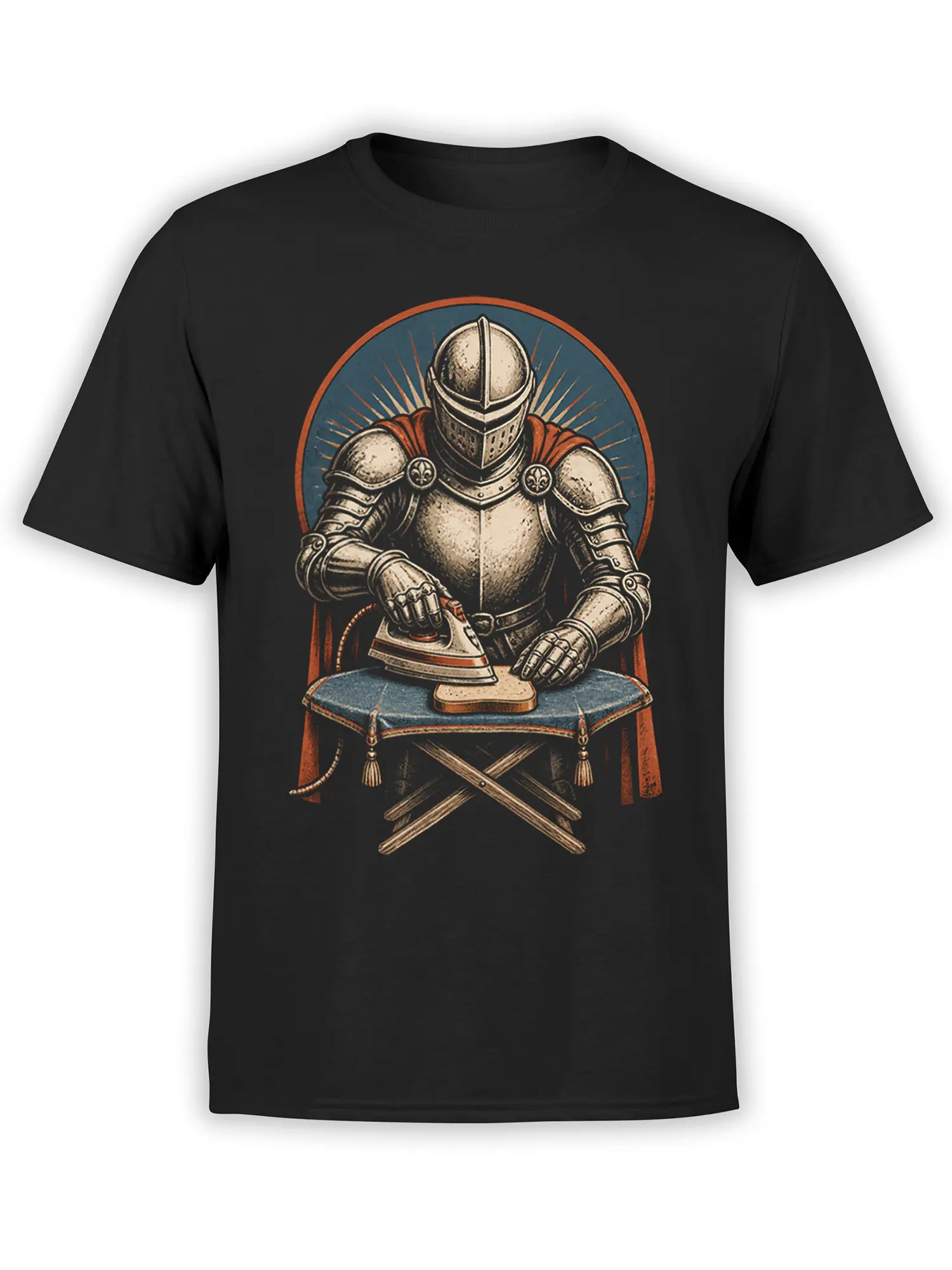 Armored medieval knight ironing on a blue-covered board printed on a black T-shirt