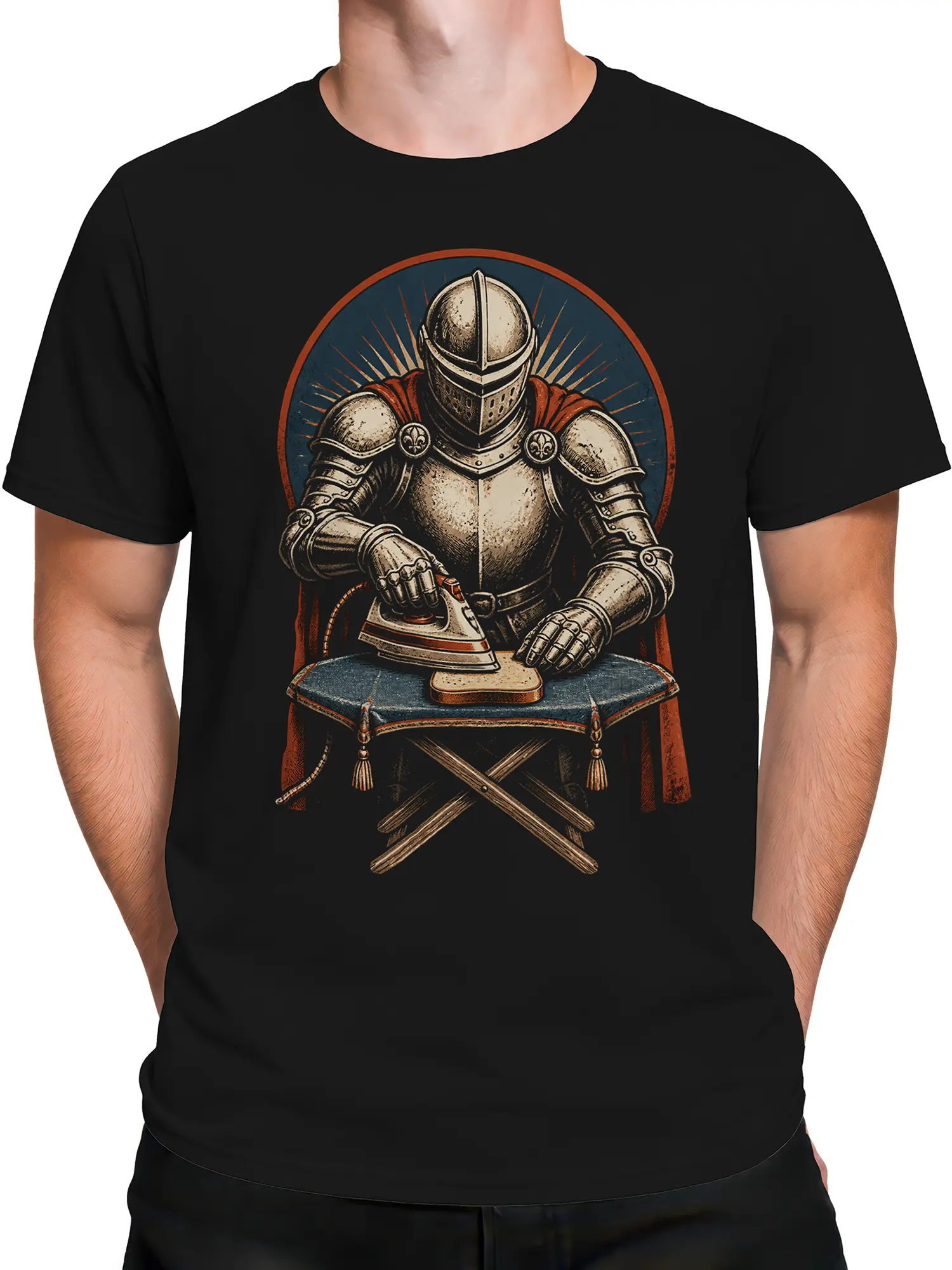 Male torso wearing a black medieval knight ironing graphic T-shirt