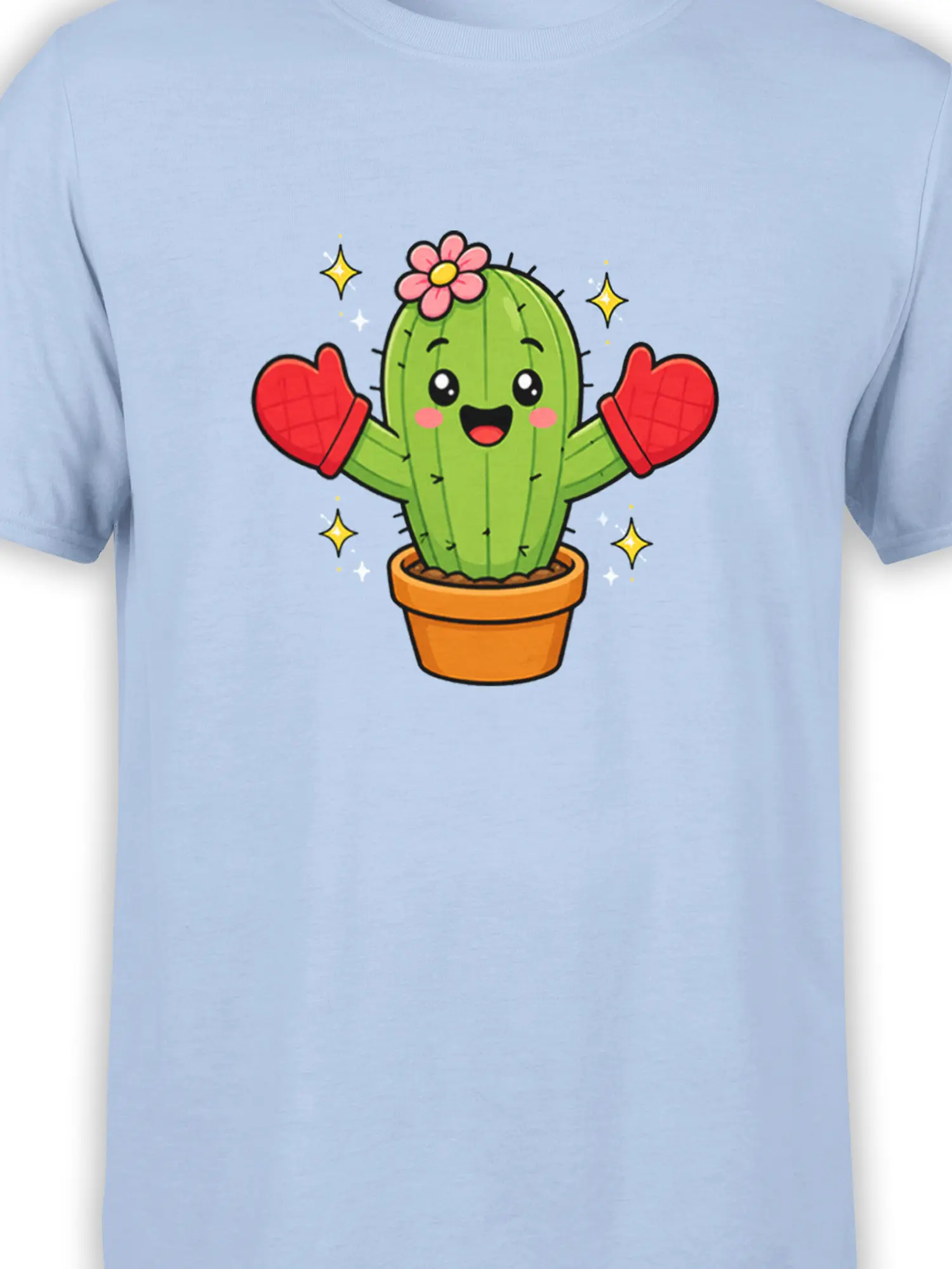 Close-up of a smiling cactus with pink flower and red oven mitts on a light blue shirt