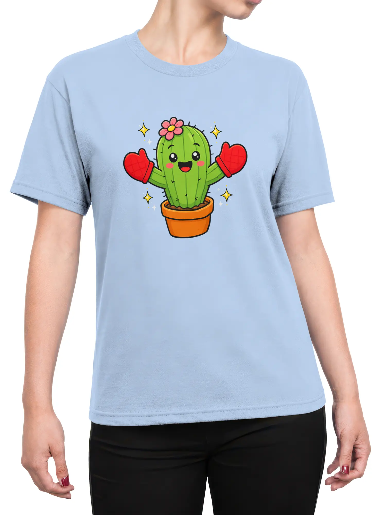 Female torso wearing a light blue T-shirt with a cheerful flowering cactus design