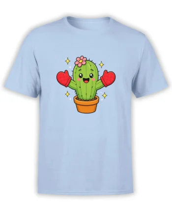 Cheerful green cactus with pink flower and red oven mitts on a light blue T-shirt