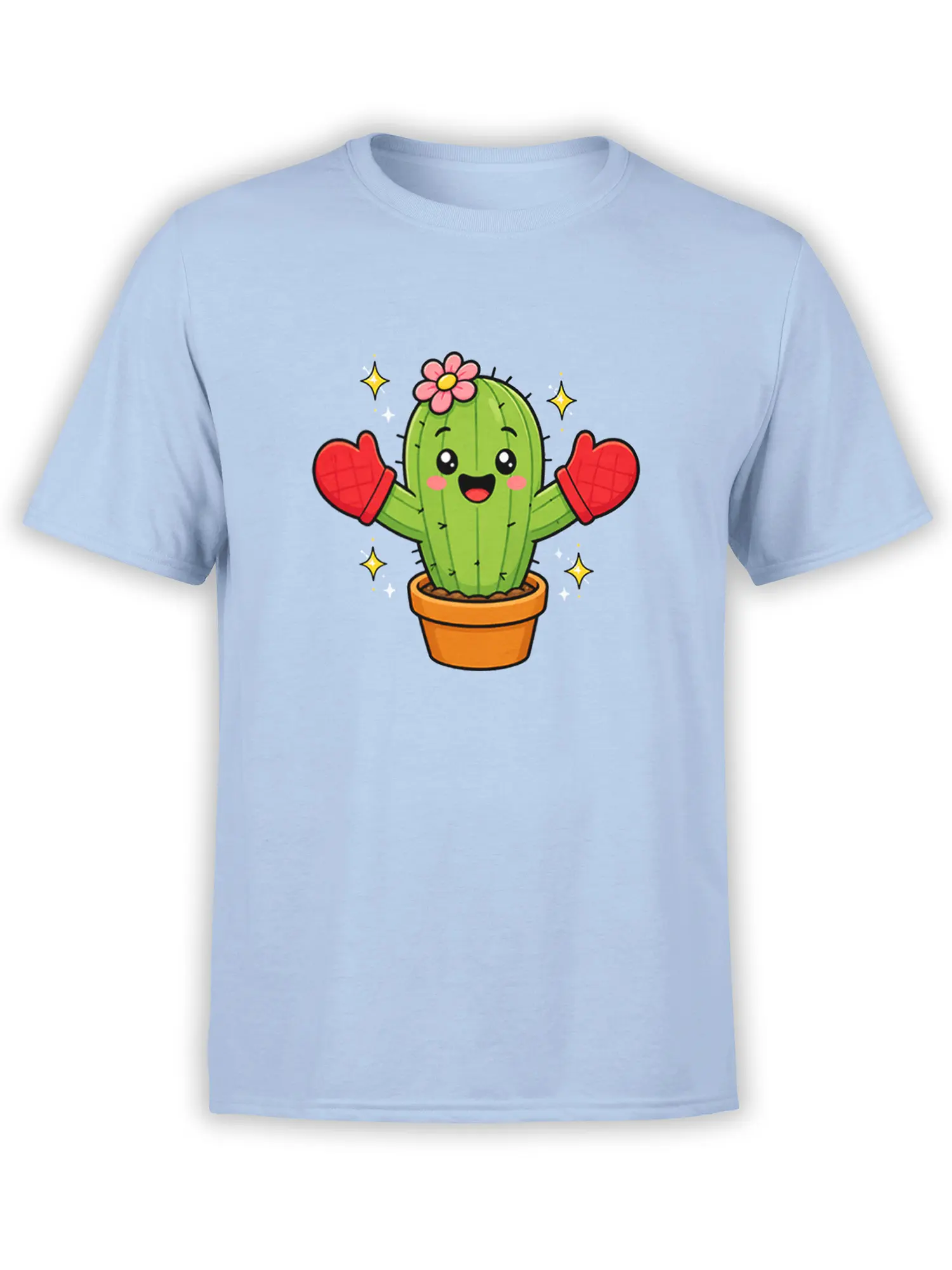 Cheerful green cactus with pink flower and red oven mitts on a light blue T-shirt