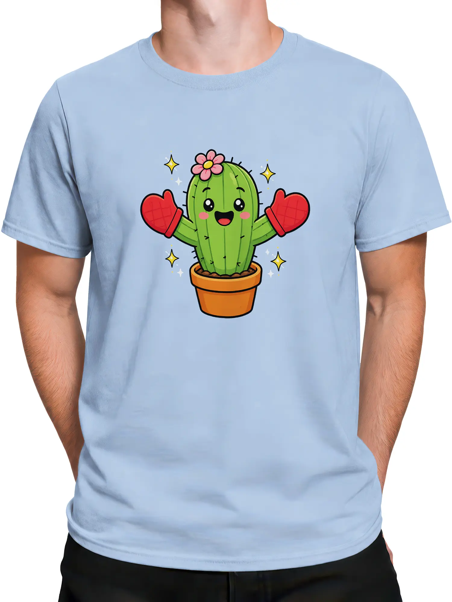 Male torso wearing a light blue T-shirt with a cheerful flowering cactus design