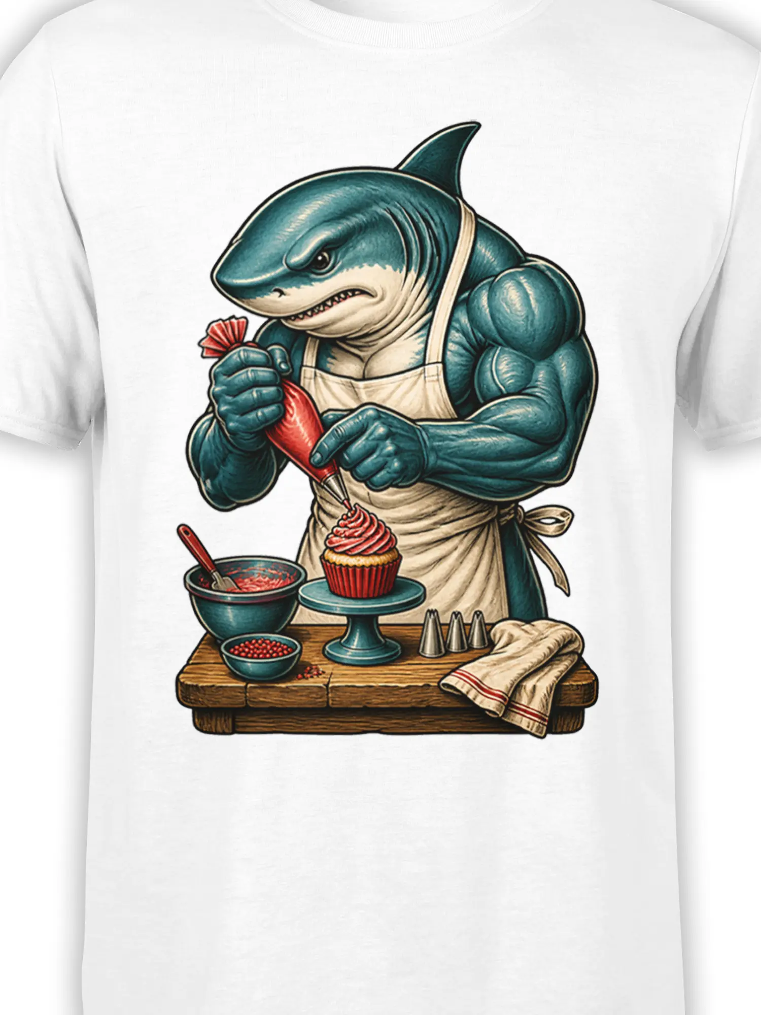 Close-up of blue shark baker artwork piping frosting onto a cupcake on a white T-shirt