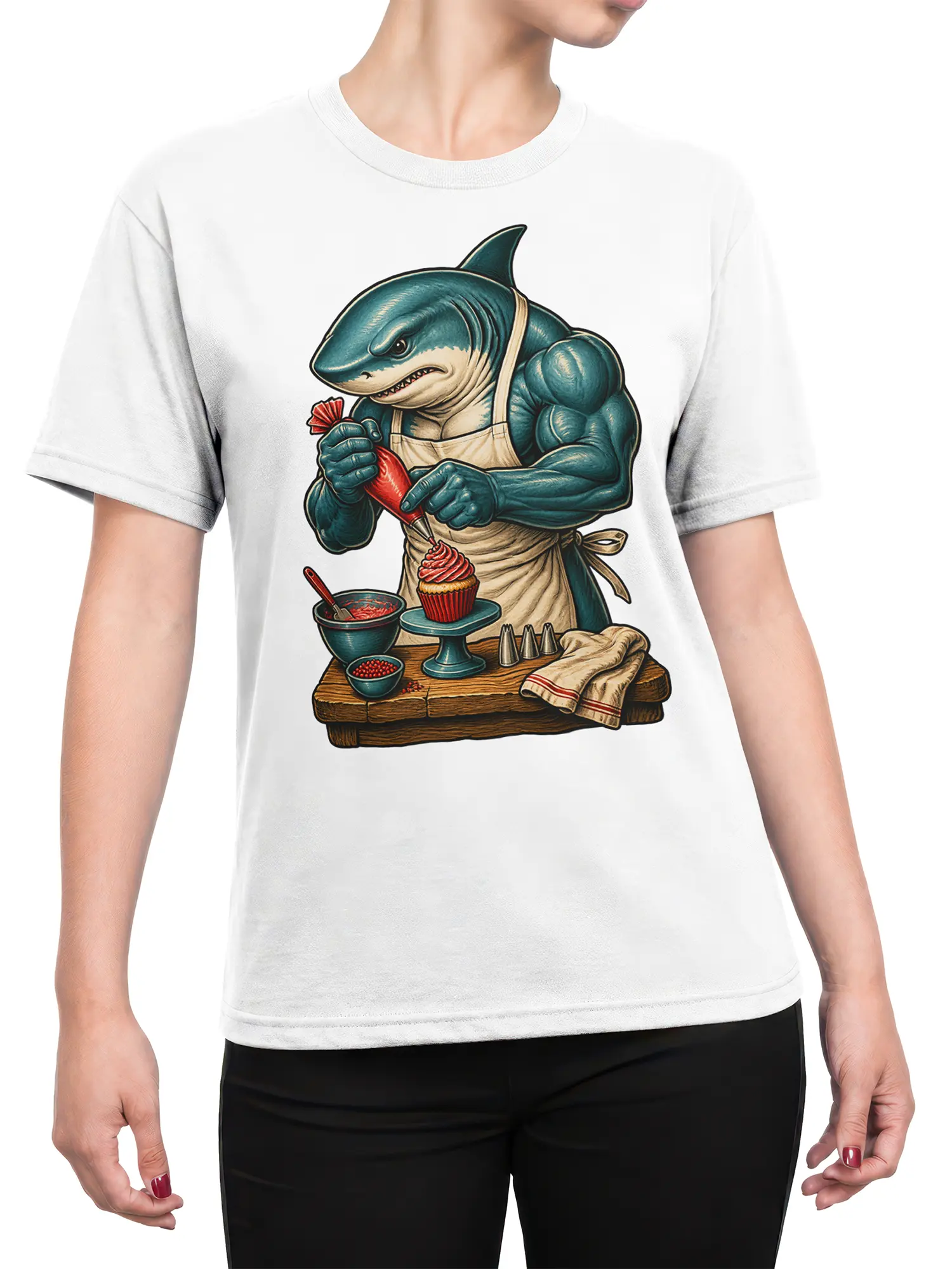 Female torso wearing a white T-shirt with a blue shark baker decorating a cupcake