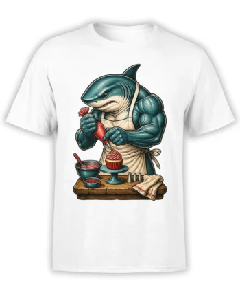 White T-shirt with a blue shark baker in an apron decorating a red-frosted cupcake