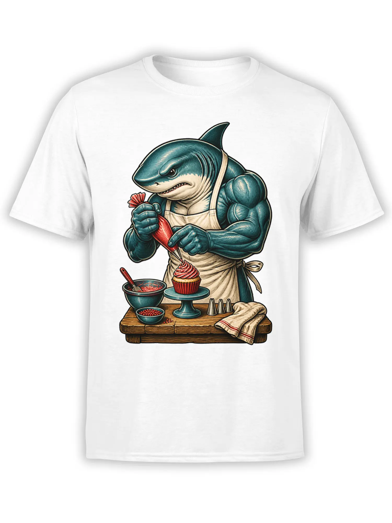 White T-shirt with a blue shark baker in an apron decorating a red-frosted cupcake