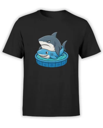 Black shark t-shirt with two cartoon sharks in a bright blue circular water scene