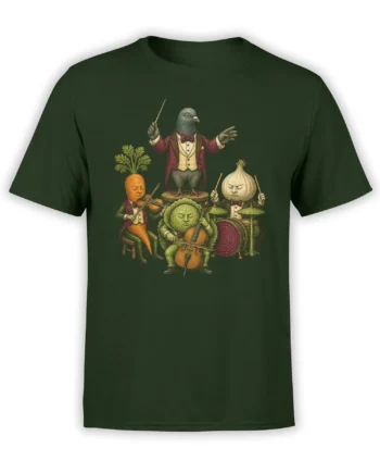 Green T-shirt with a formal pigeon conductor leading carrot, onion, and cabbage musicians in a vegetable orchestra