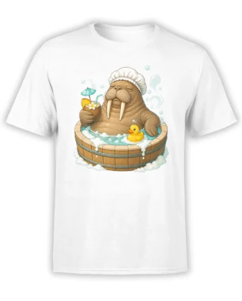 White T-shirt with a relaxed walrus in a hot tub, tropical drink, bathing cap, bubbles, and rubber duck