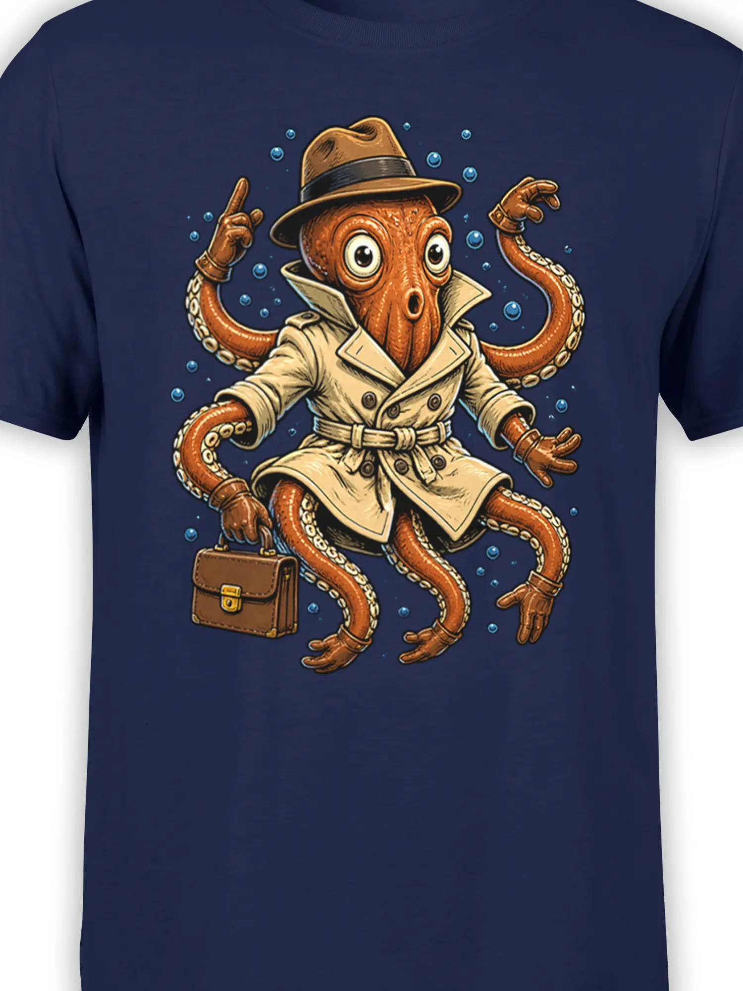 Close-up of the fedora-wearing octopus, tentacles, trench coat, and briefcase on a navy shirt