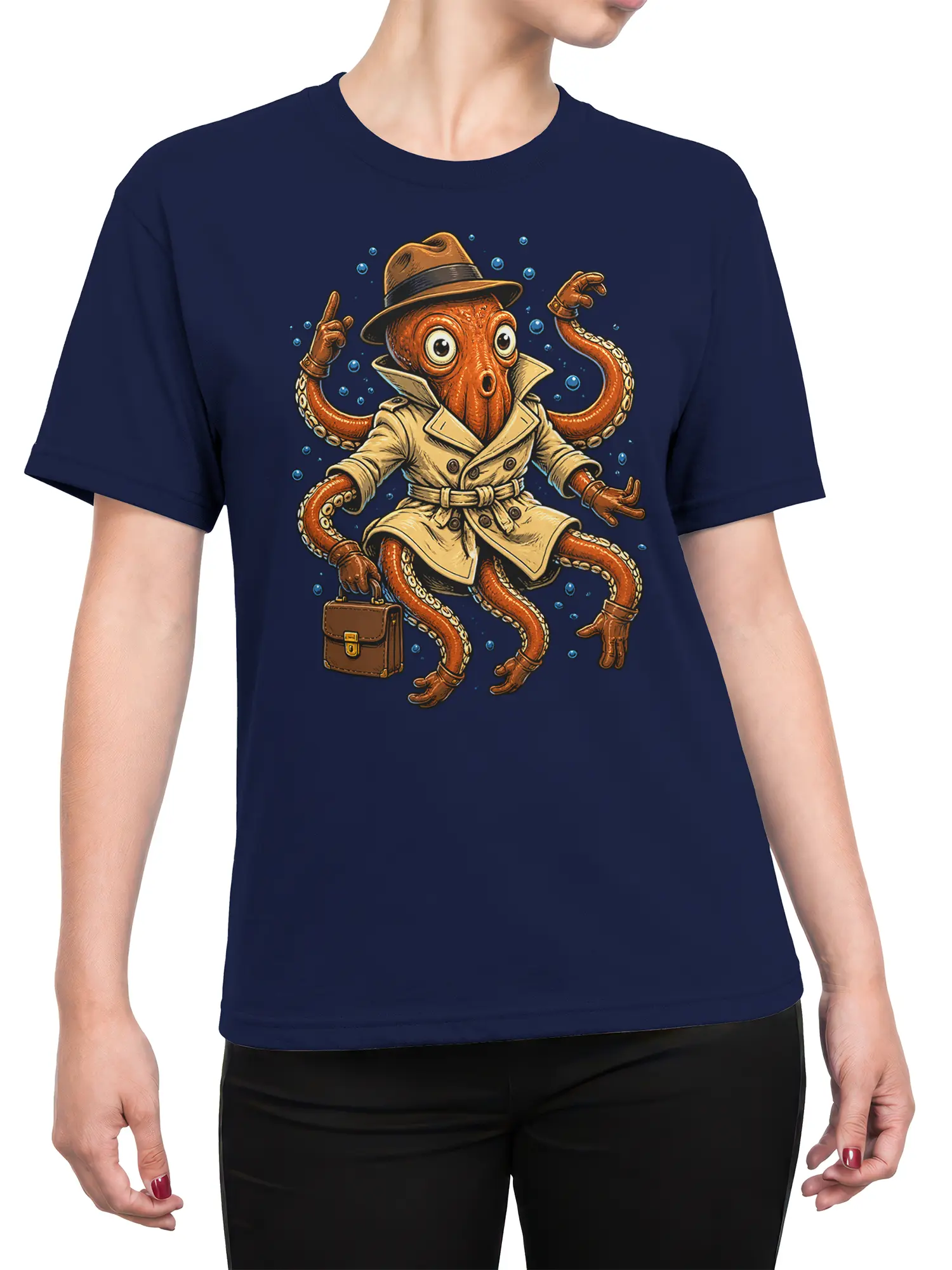 Female torso wearing a navy T-shirt with a vintage octopus in a fedora and trench coat